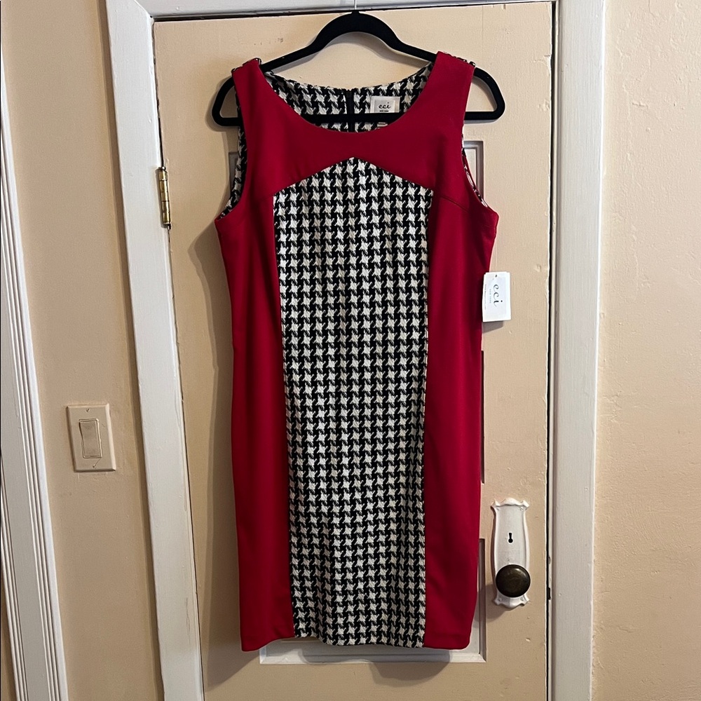 ECI Red & Black Houndstooth Midi Sheath Dress